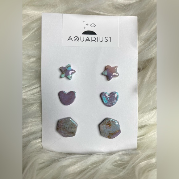 Handmade Pastel Iridescent Stud Earring Set Of 3 #1 - Picture 4 of 7